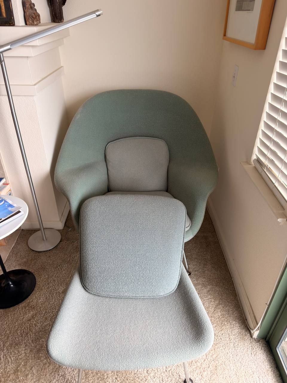 Sage green Knoll Womb Chair and ottoman after professional cleaning in the Bay Area